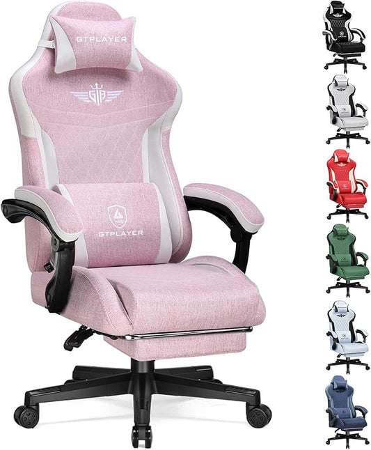 GTPLAYER Gaming Chair with Footrest, Big and Tall Game Chair High Back Computer Office Chair with Lumbar Support for Adults, Ergonomic Swivel Games Chair with Cushion Gaming, Fabric Pink