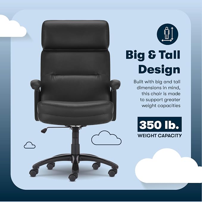 Serta Comfort Executive Big & Tall Office Chair, Ergonomic High-Back Computer DeskChair, Semi Plush Cushion Seat, Soft Padded Armrests, SertaQuality Foam, Metal Swivel Base, Bonded Leather, Black