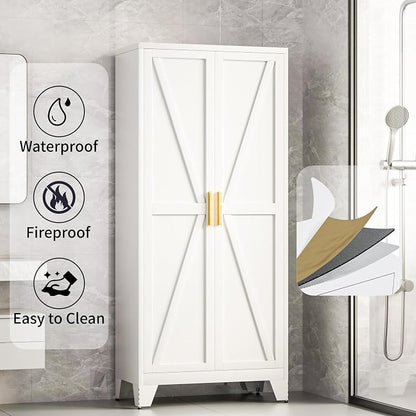 Baborokic 71H Tall Metal Storage Cabinet with 2 Doors and Adjustable Shelves,Farmhouse Storage Cabinet with Barn Doors,Pantry Storage for Home,Office,Dining Room,Kitchen(White)