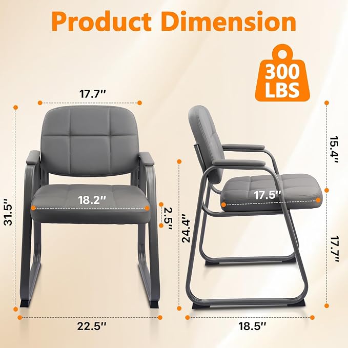 CLATINA Waiting Room Guest Chair with Bonded Leather Padded Arm Rest for Office Reception and Conference Desk Black with Sled Base Grey 2 Pack