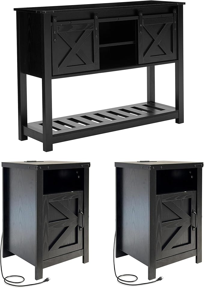 3 Piece Living Room Tables Set of 3, Farmhouse Entryway Table with Storage and End Tables with Charging Station, Sliding Door Console Table Set, Rustic Sofa Set for Hallway, Black