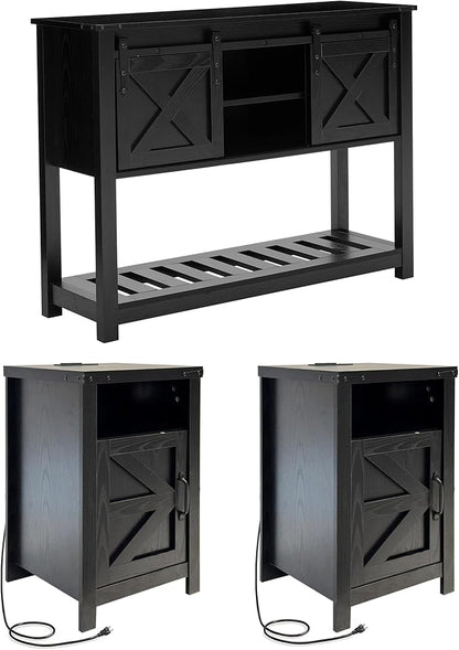 3 Piece Living Room Tables Set of 3, Farmhouse Entryway Table with Storage and End Tables with Charging Station, Sliding Door Console Table Set, Rustic Sofa Set for Hallway, Black