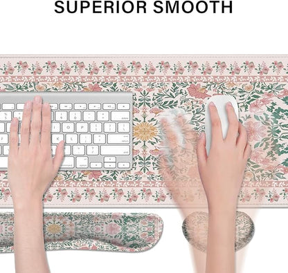 Desk Pad and Keyboard Wrist Rest, Large Mouse Pad + Keyboard Pad+Mouse Wrist Support, Non-Slip Desk Mat Protector for Office, Home 31.5×11.8 Inches Pink Floral