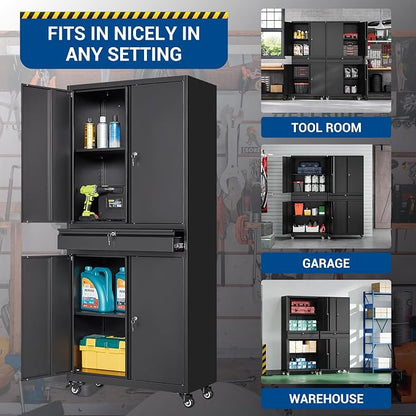 Fesbos 73" Metal Cabinet-Black Heavy Duty Rolling Storage Cabinet Steel Cabinets with Wheels, Shelves, Lockable Doors and Drawers- for Garage, Pantry, Warehouse - Assembly Required