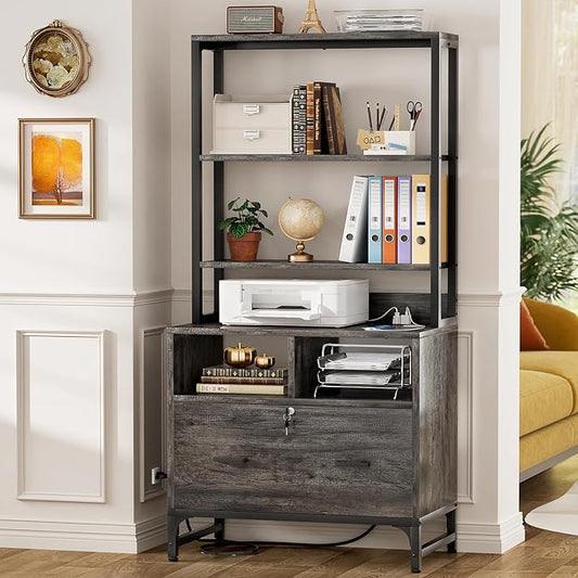 Homieasy File Cabinet with Charging Station, Vertical Filing Cabinet with Lock & Large Drawer, Printer Stand with Storage Shelves, Office Storage Cabinet fits Letter/A4/Legal Size, Grey