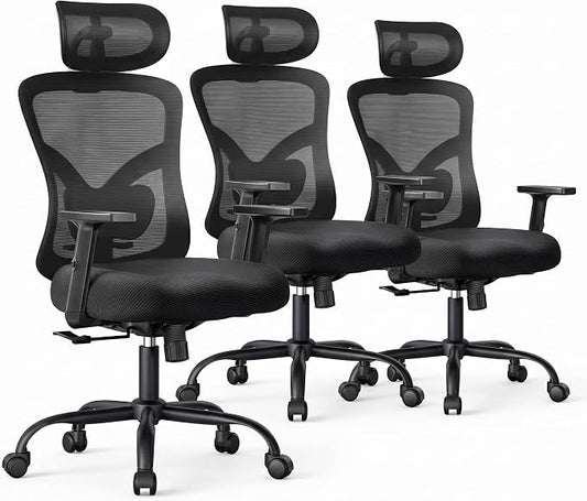 NOBLEWELL Ergonomic Office Chair with Padded Lumbar Support, 2D Headrest, Adjustable Armrests, Upgraded Contoured Seat Cushion, 130° Rocking Tilt, Computer Gaming Chair for Home Office, Pack of 3