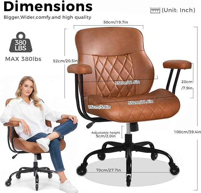 BEWISHOME Brown Leather Office Chair with Quiet Rubber Wheels | 380 lb Capacity, 22" Wide Seat, Removable Armrests, Lumbar Support ,Ergonomic Design for Home Office. Mid Century Modern