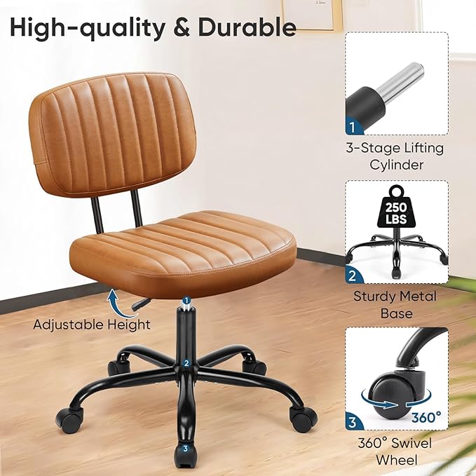 DUMOS Armless Small Home Office Desk Chair - Vanity Task Chair with Low Back, Height Adjustable PU Leather Swivel with 360° Rolling Wheels, Vanity, Bedroom, Deep Brown