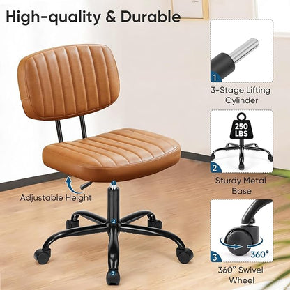 DUMOS Armless Small Home Office Desk Chair - Vanity Task Chair with Low Back, Height Adjustable PU Leather Swivel with 360° Rolling Wheels, Vanity, Bedroom, Deep Brown