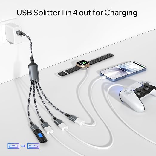 Elebase USB Splitter 1 in 4 Out for PS5,USB Charger Splitter Y Cable 1FT,Multi Port USBA Extension Cord,Multiport 2/3/4 Out Data Charging Split Adapter for Keyboard,Mouse,TV,Laptop,Xbox Series X/S