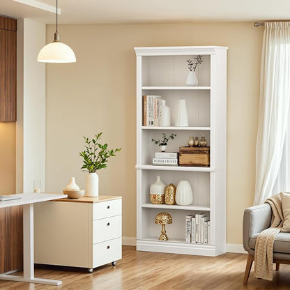 Furniwell Bookcase Bookshelves, 5-Shelf Tall Bookcase 71" Wood Open Display Floor Bookshelf, Large Storage Organizer for Library, Bedroom, Living Room (White)