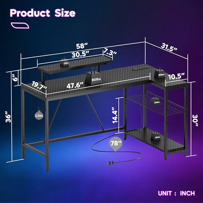 Bestier 58 L Shaped Gaming Desk with LED Lights & Power Outlets,Reversible Home Office Corner Desk with Shelves,Larger PC Workstation with Hooks for Studying,Desk for Bedroom,Carbon Fiber Black