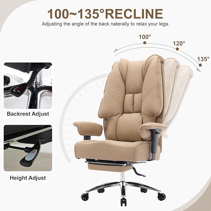 EXCEBET Big and Tall Office Chair 400lbs Wide Seat, Leather High Back Executive Office Chair with Foot Rest, Ergonomic Chairs Lumbar Support for Lower Back Pain Relief, All-Day Comfort (Brown)