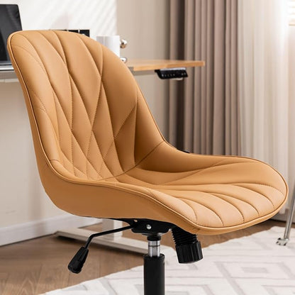 Rowill Modern Office Chair - Ergonomic Swivel Leather Desk Chair with Curved Backrest, Height Adjustable Rolling with Wheels, Perfect for Study Room & Office, Brown Yellow