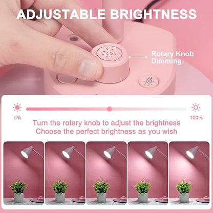 BOHON Cute Desk Lamp with USB Charging Port, 3 Color Modes Dimmable, Pink | Pink Lamp LED Reading Lamp, Flexible Neck Auto Dimming Table Task Light for Home Office Dorm Bedside