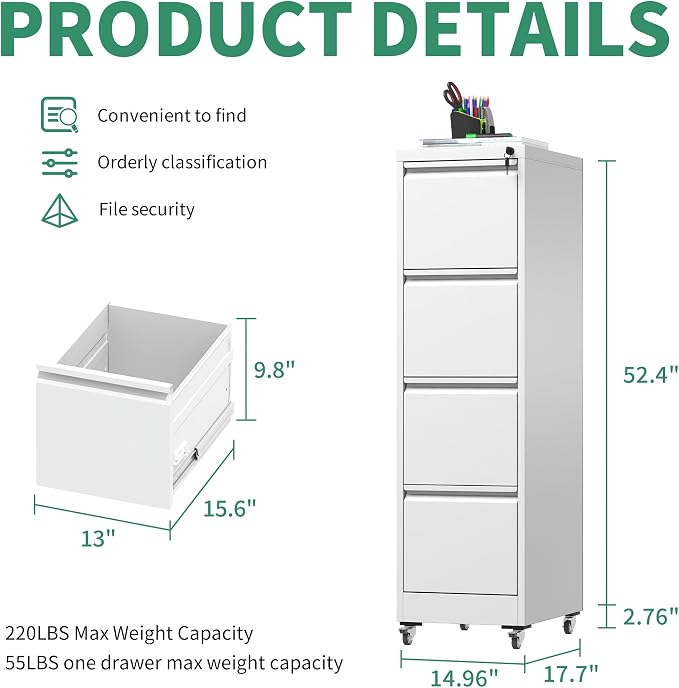 4 Drawer Mobile File Cabinet, Under Desk File Cabinet,Metal Filing Cabinets with Lock for Home Office Organizer Letter/Legal/A4,Require Assembly (White)