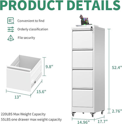 4 Drawer Mobile File Cabinet, Under Desk File Cabinet,Metal Filing Cabinets with Lock for Home Office Organizer Letter/Legal/A4,Require Assembly (White)