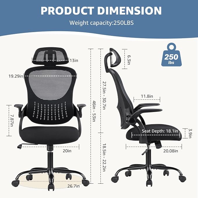 DUMOS Ergonomic Office Chair – High Back Mesh Computer Chair with Lumbar Support, Headrest, Flip-up Arms, and Swivel Wheels – Comfortable Gaming & Desk Chair for Home Bedroom Office,Black