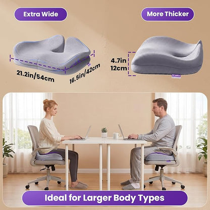 ZZ-WELL Seat Cushions for Office Chairs, Coccyx Cushion for Tailbone Pain, Memory Foam Butt Pillows for Long Sitting, Patented Pressure Relief Design, Extra Large & Thick, 21.2 Inches (Light Grey)