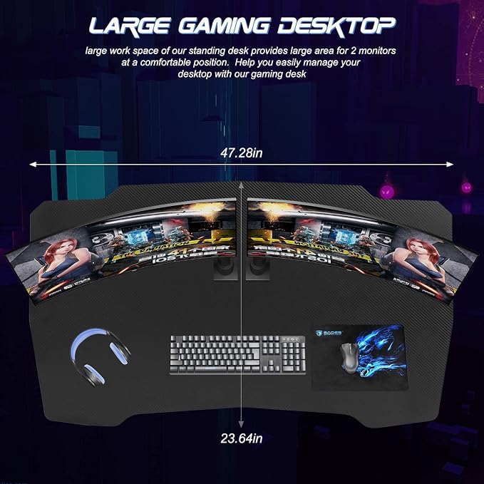 BestOffice Gmaing Desk Z Shaped 47 inch Gaming Workstation Ergonomic Gaming Table PC Computer Desk with Headphone Hook for Game Players, Blue