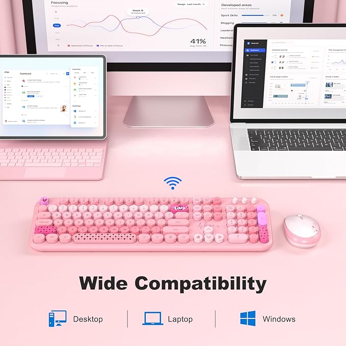 MOFII Wireless Keyboard and Mouse Combo, Cute Retro Typewriter Keyboard and Silent Mouse, 2.4GHz Full Size Computer Keyboard Wireless Mouse Set for PC, Laptop, Desktop, Windows (Pink Colorful)