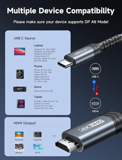 JSAUX USB C to HDMI Cable 6.6ft | 4K@60Hz USB 3.1 Type C to HDMI 2.0 Cord, Compatible with Thunderbolt 3/4, iPhone 17/Pro/Pro Max,16/Plus/Pro/Pro Max, MacBook Pro/Air, Galaxy S8 to S24, iPad Pro,iMac