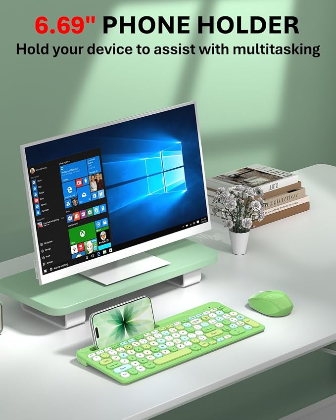 Colorful Wireless Keyboard and Mouse Combo - Round Keycaps, 2.4GHz Retro Typewriter Keyboard with Number Pad, Cute Compact USB Keyboard and Mouse for Computer PC Desktop Laptop (Green)