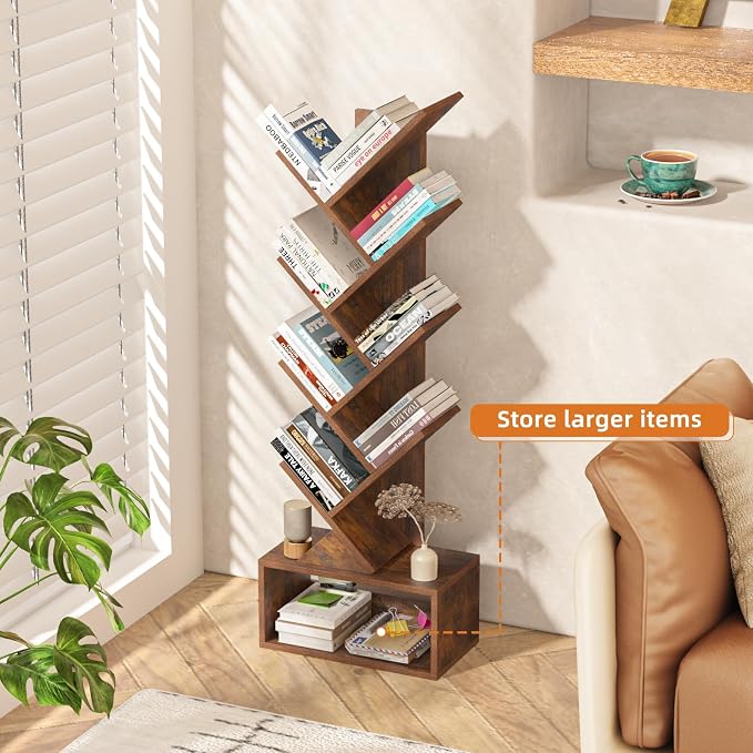 SHEEPAM 9 Tier Tree Bookshelf,Christmas Green Bookcase for Narrow Space, Storage Organizer Floor Standing Bookshelves for Books, Tall Book Case for Home Office, Living Room, Bedroom