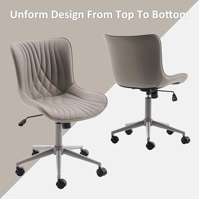 YOUTASTE Grey Armless Office Chair, Modern Adjustable Swivel Desk Chair with Wheels, Upholstered PU Leather, Gray Metal Legs, Back Support for Home Office, Study, Vanity, Bedroom