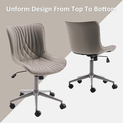 YOUTASTE Grey Armless Office Chair, Modern Adjustable Swivel Desk Chair with Wheels, Upholstered PU Leather, Gray Metal Legs, Back Support for Home Office, Study, Vanity, Bedroom