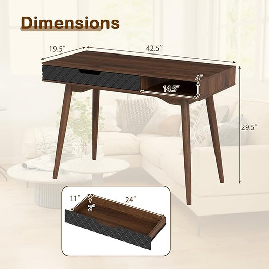 Giantex Mid Century Modern Desk, 42.5" Vintage Computer Desk with Storage Drawer & Rubber Wood Legs, Makeup Vanity Table, Wood Computer Workstation, Small Writing Desk for Bedroom, Small Space, Walnut