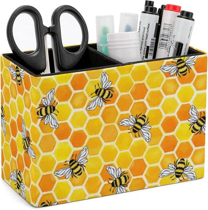 Niapessel Pencil Holder for Desk, Yellow Honeycomb And Bees Pen Holder Storage Desktop Pen Organizer Desk Pencil Organizer Makeup Brush Holder for Office School College Leather