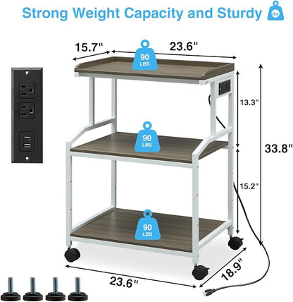 Lauren&Harold 34'' Printer Stand with Power Outlets & USB Ports, 3-Tier Adjustable Rolling Cart, Heavy Duty 150LBS Storage Table with Wheels for Office, Kitchen, Living Room, Grey/White