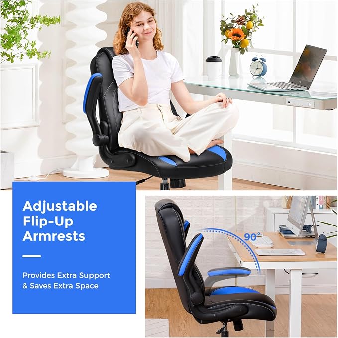 COMHOMA Office Computer Gaming Chair Ergonomic Desk Chair for Adults with Lumbar Support Flip-Up Arms Adjustable Height Swivel Wheels PU Leather Executive Design for Short People Use, Blue