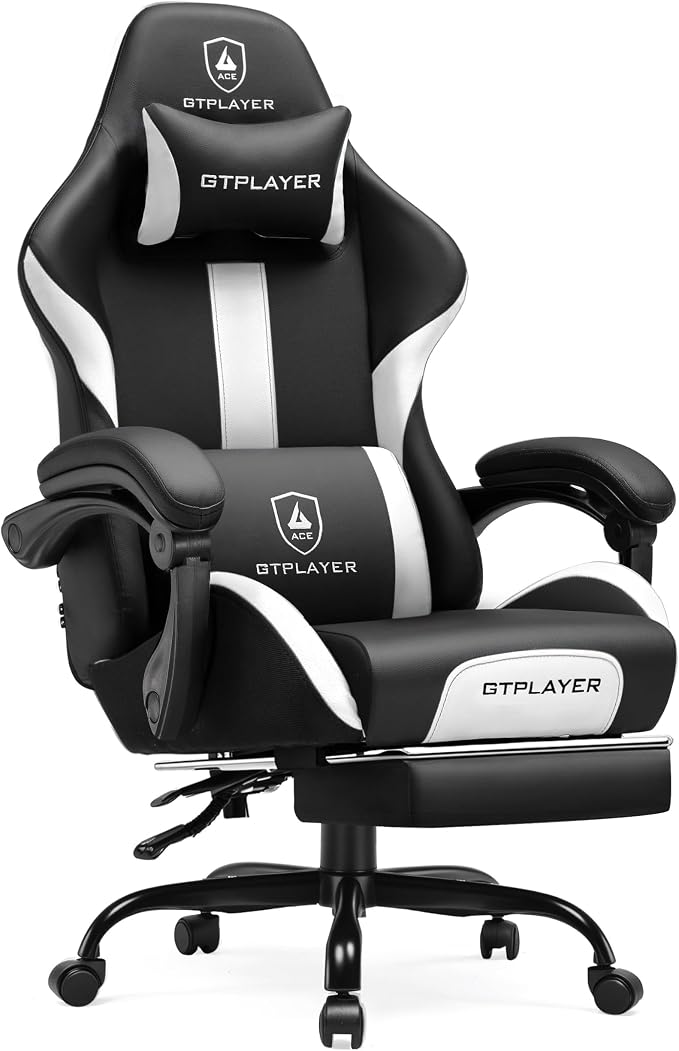GTPLAYER Gaming Chair with Pocket Spring Cushion, Leather Office Chair with Ergonomic High Back & Lumbar Support for Back Pain Relief, Computer Game Chair for Adults, White/Black
