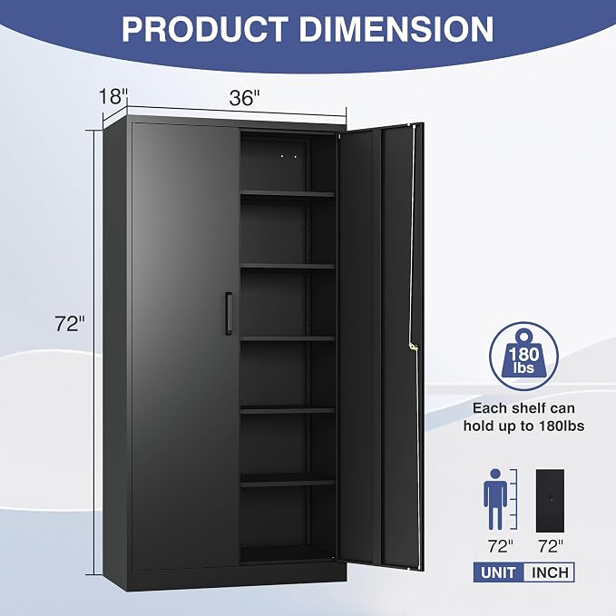 72" Tall Metal Storage Cabinet with Lock, Garage Cabinet with 2 Locking Doors and 5 Adjustable Shelves,Steel Locking Cabinets for Garage,Home Office,Kitchen,School,Warehouse(Black)