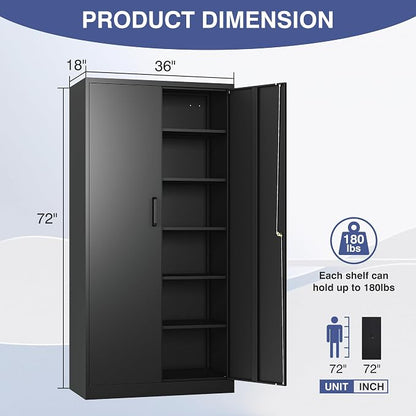72" Tall Metal Storage Cabinet with Lock, Garage Cabinet with 2 Locking Doors and 5 Adjustable Shelves,Steel Locking Cabinets for Garage,Home Office,Kitchen,School,Warehouse(Black)