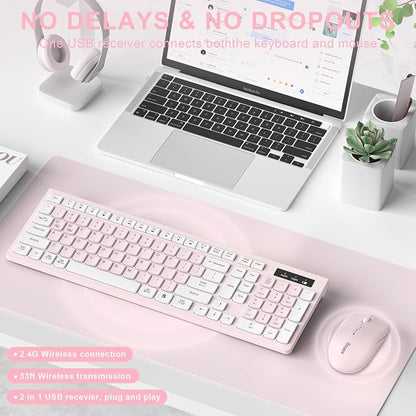 Wireless Keyboard and Mouse Combo, Reccazr 2.4G Full-Sized Keyboard and Mouse Cordless, 3 DPI Adjustable Mouse, Dual-System Keyboard for Computer/Laptop/Windows/Mac (Pink & White)