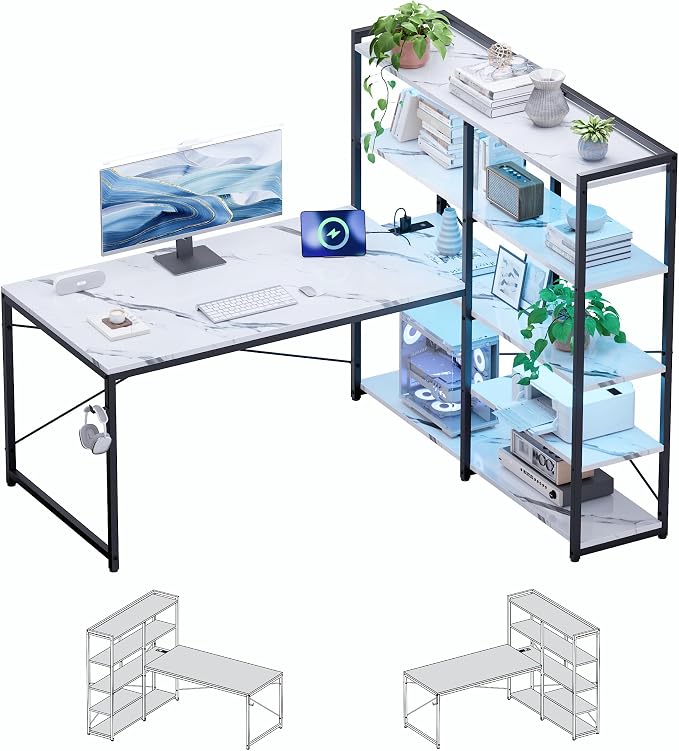 Pamray L Shaped Computer Desk with Reversible Side Storage Shelves, 49 Inch Gaming Desk with Power Outlets and Led Lights, PC Table for Home Office and Bedroom Marble