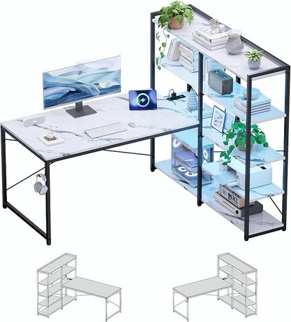 Pamray L Shaped Computer Desk with Reversible Side Storage Shelves, 49 Inch Gaming Desk with Power Outlets and Led Lights, PC Table for Home Office and Bedroom Marble