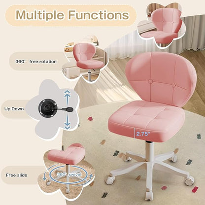 Vanity Chair with Back – Small Armless Office Chair with Wheels, Lumbar Support, PU Leather, Adjustable Height, 360° Swivel for Home, Bedroom, Office Pink Set of 1