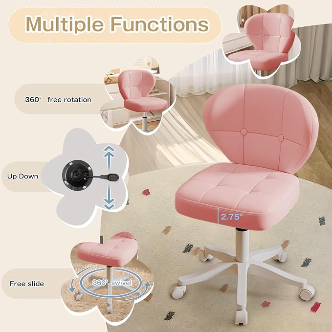 Vanity Chair with Back – Small Armless Office Chair with Wheels, Lumbar Support, PU Leather, Adjustable Height, 360° Swivel for Home, Bedroom, Office (Pink Set of 2)