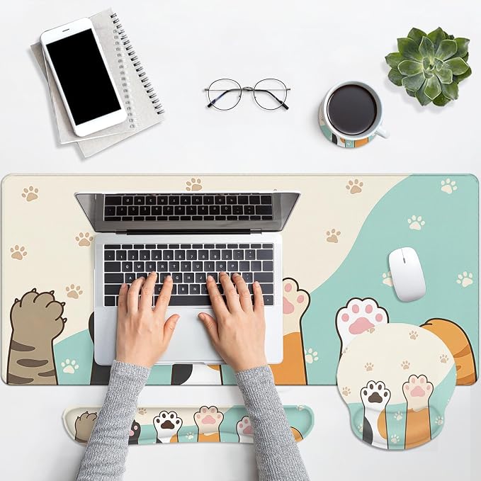 Britimes Kawaii Cat Paws Keyboard Mouse Pad Set Cute Cartoon 4in1 Large Mousepad+Keyboard Wrist Rest+Mouse Wrist Rest+Coaster Ergonomic Design for Home Office Computer 35.4x15.7 inches