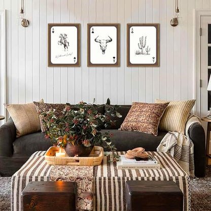 Western Cowgirl Wall Art Set of 3, Vintage Southwestern Wild and Lucky Rodeo Wall Decor Painting, Bull Skull Playing Card Poster Canvas Prints for Living Room Bedroom 12x16 inch Wood Framed