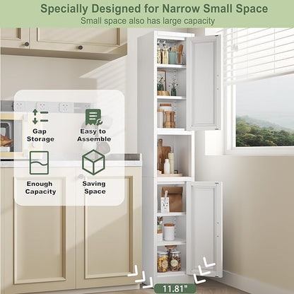 pozdeg 67" Tall Narrow Storage Cabinet Metal Bathroom Cabinet with 2 Doors & 4 Adjustable Shelves, Standing Pantry Cabinets Cupboard for Kitchen, Dining Room, Living Room and Bathroom (White)