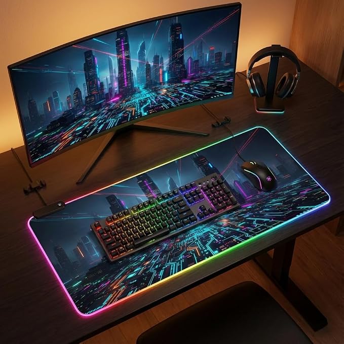 Cyberpunk Circuit RGB Gaming Mouse Pad – 31.5"x11.8" Large LED Desk Mat with Futuristic Circuit Board Design, Non-Slip Rubber Base & Durable Stitched Edge for PC & Laptop Setup(06)