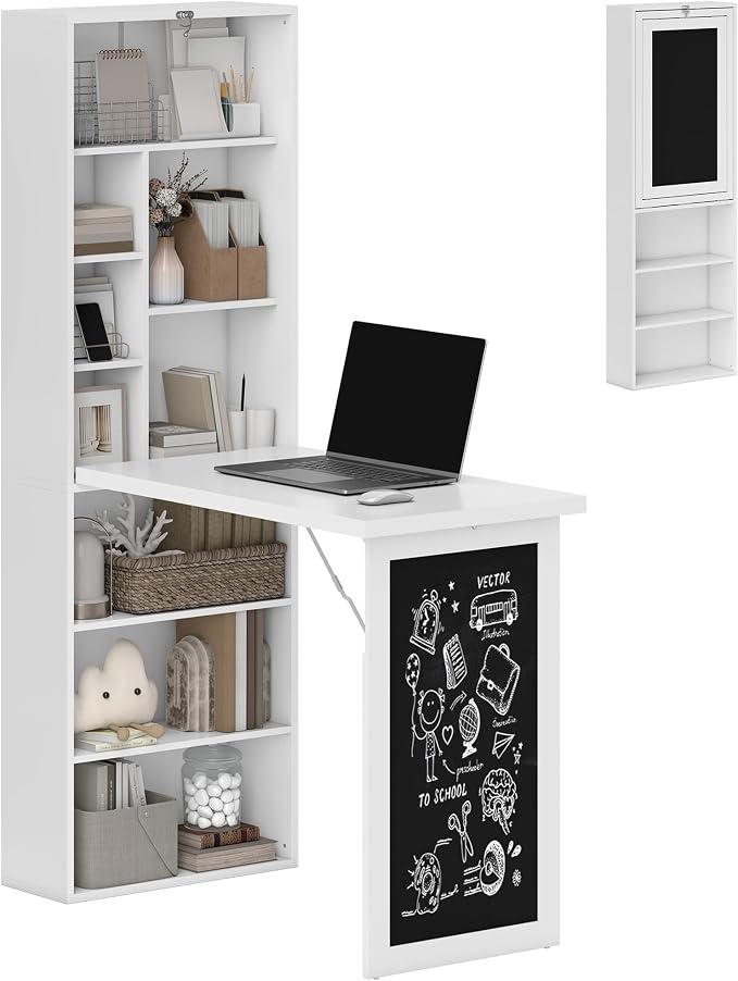 HOMCOM Foldable Convertible Writing Table, Wall Mounted Space-Saving Computer Desk with Chalkboard and Storage Shelves for Small Spaces, Home Office, Bedroom, Dorm, Apartment, White