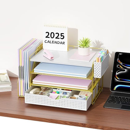 gianotter Wood Desk Organizers and Accessories with File Holder, 4-Tier Desk Accessories & Workspace Organizers with Drawer and Pen Holder, Desk Reference Organizer (Gold, 4T with Drawer)