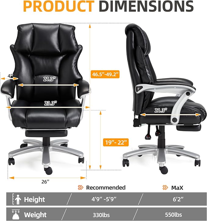 HOMREST Big and Tall Heavy Duty Office Chair 550LBS, Ergonomic Leather Executive Chair with 155° Recline, Large Back Pocket &Footrest, Computer Desk Chair for Heavy People, Black