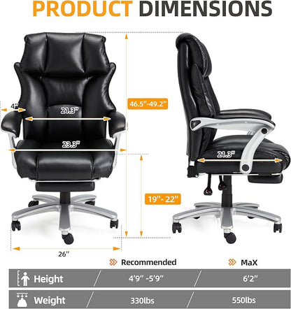 HOMREST Big and Tall Heavy Duty Office Chair 550LBS, Ergonomic Leather Executive Chair with 155° Recline, Large Back Pocket &Footrest, Computer Desk Chair for Heavy People, Black